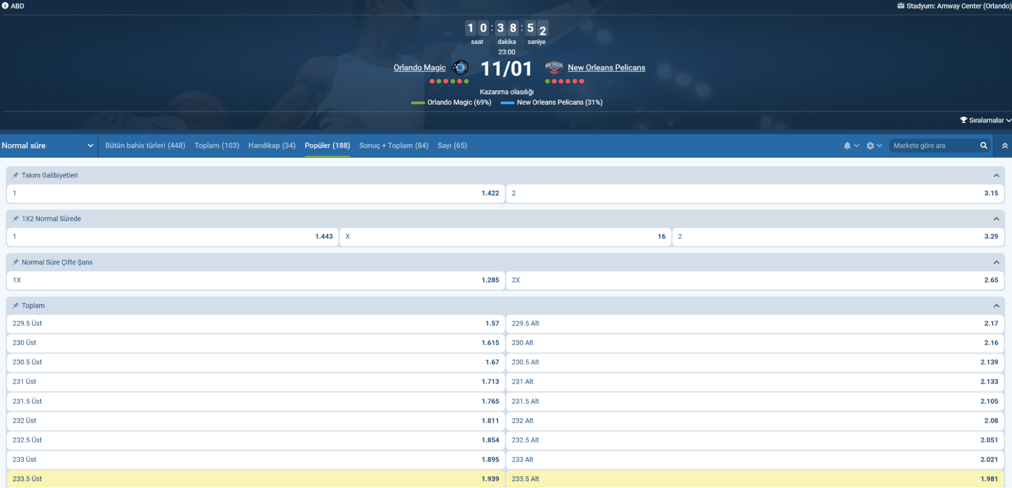1xBet basketbol bahis oranları